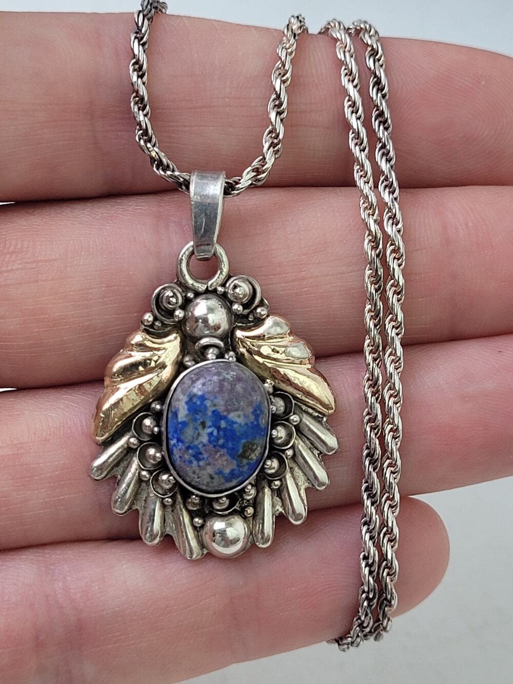 Vintage Sterling Silver Lapis Lazuli Stone Pendant w Matching 925 20" Rope Chain